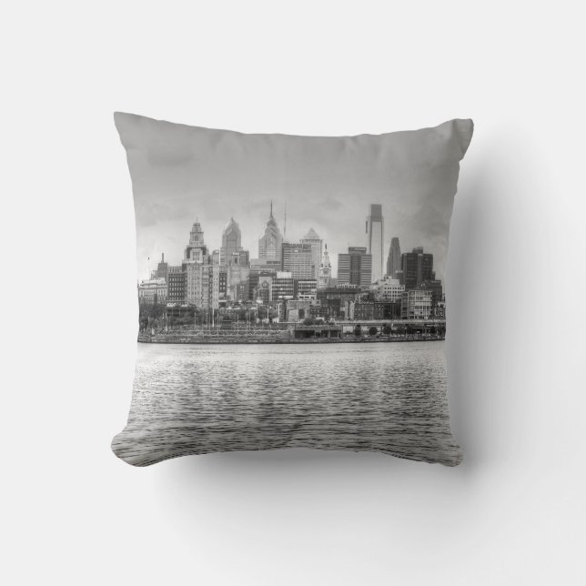 Almofada Skyline de Philadelphfia em preto e branco (Frente)