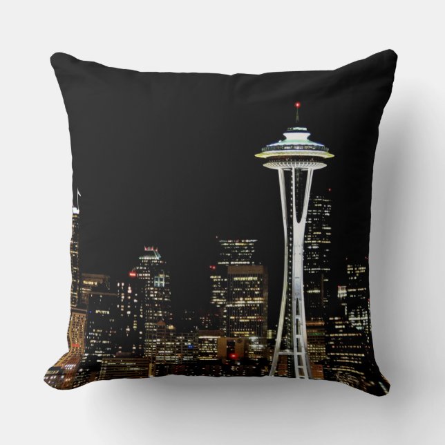 Almofada Skyline de Seattle na noite, com agulha do espaço (Frente)