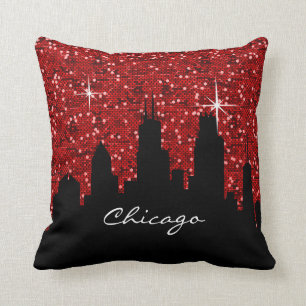 Almofada Skyline preta e vermelha de Chicago do brilho dos