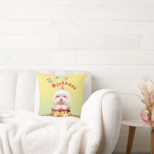 Almofada Smile Pup: Feliz Aniversário Bichon & Arte de Bolo