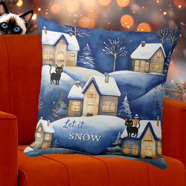 Almofada Snow Landscape Cute Winter Cat (Pillow featuring a painting of a cool snow covered winter landscape with cute cats - Christmas)