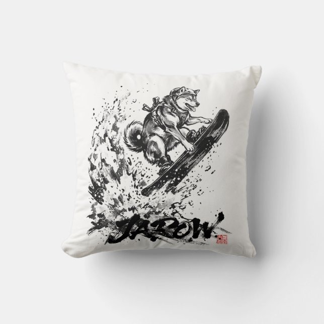 Almofada Snowboard Brush Art - Snowboarder Dog Huskey (Frente)