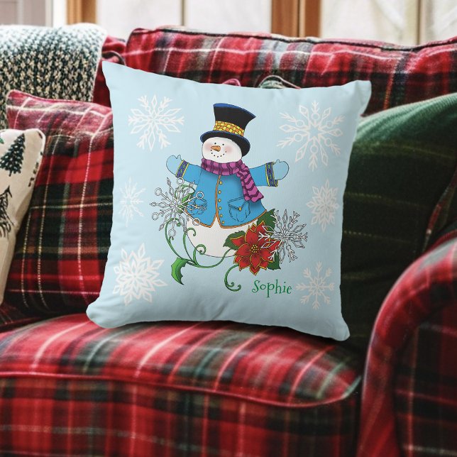 Almofada Snowman Snowflakes Poinsettia (Criador carregado)