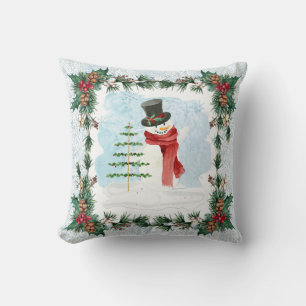 Almofada Snowman Watercolor Holly Pine Foliage Blue Winter