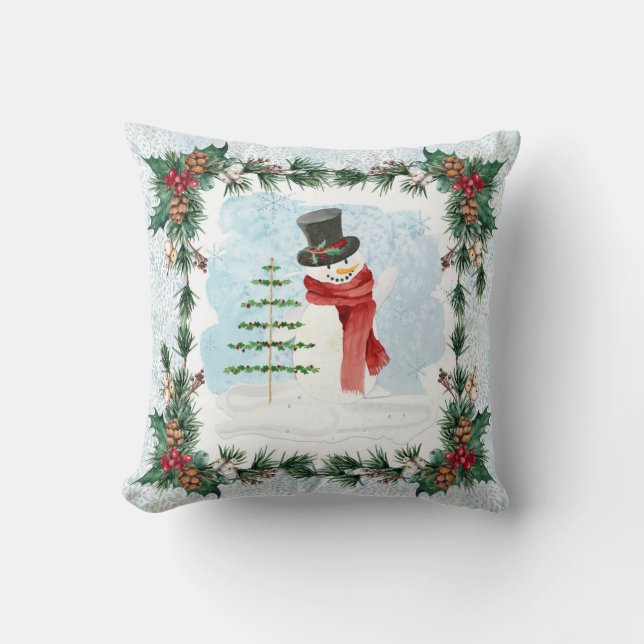 Almofada Snowman Watercolor Holly Pine Foliage Blue Winter (Frente)