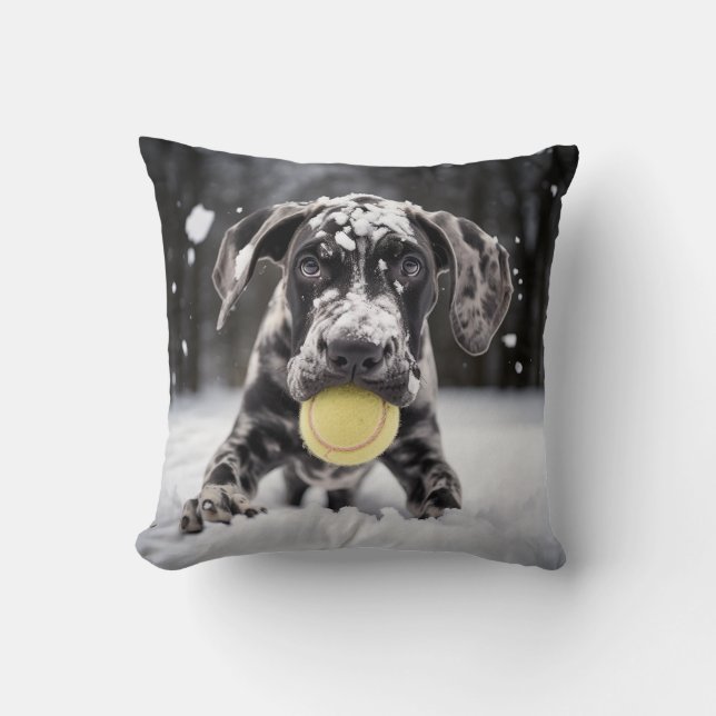 Almofada 🐕 Snowy Great Dane cachorrinho com 🎾 bolas de tê (Frente)