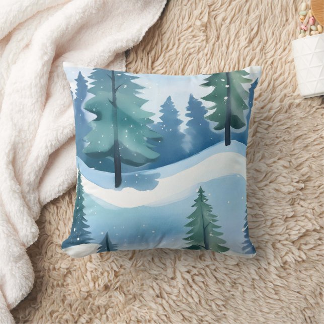Almofada Snowy Pine Forest | Aquarela de inverno (Cobertor)