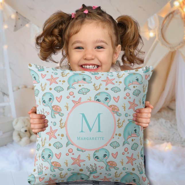 Almofada Sob o mar, golfinhos e tartarugas bonitos, persona (Criador carregado)