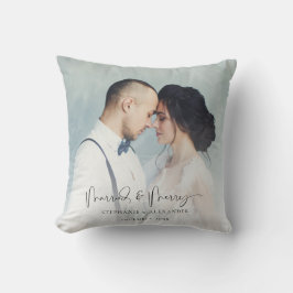 Almofada Sobreposição de nome de casamento com duas fotos