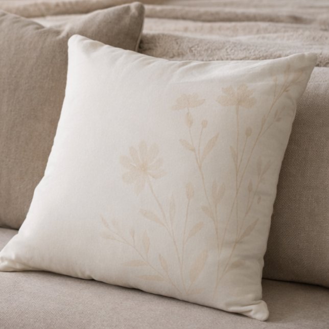 Almofada Soft Ivory Florals Throw Pillow (Muted gray and peach-beige florals designed for serene bedrooms and reading corners)