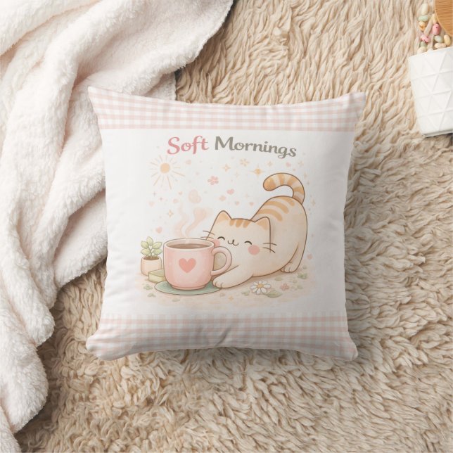 Almofada Soft Morning Cute Kitty Cat Pink Gingham Home  (Cobertor)