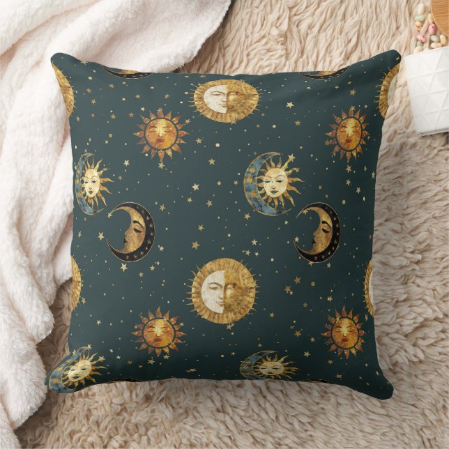 Almofada Sol Dourado Celestial Lua Estrelas Azul Meia-Noite (Cobertor)