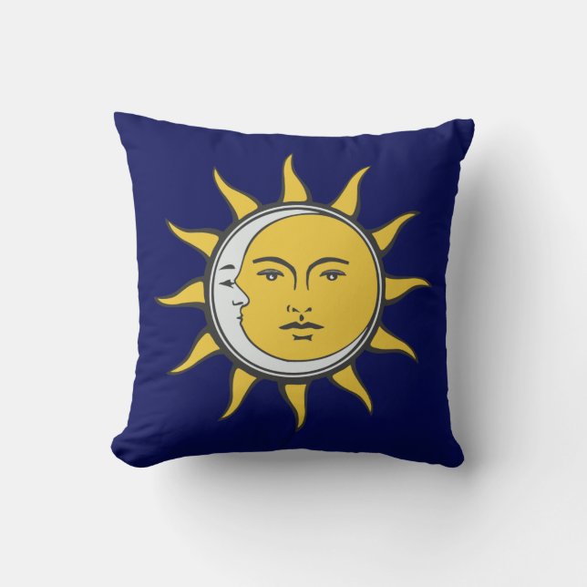 Almofada Sol Dourado e Lua Prateada em Azul Naval (Frente)