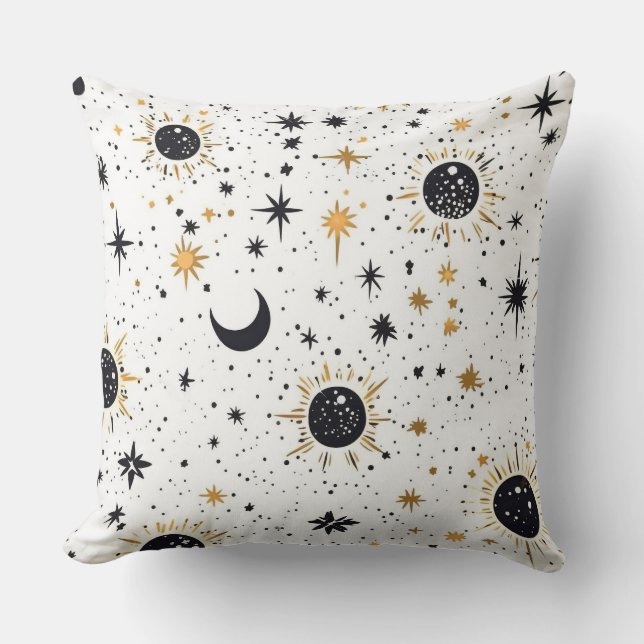 Almofada Sol Lua Estrelas Celestiais Preto e Dourado (Frente)