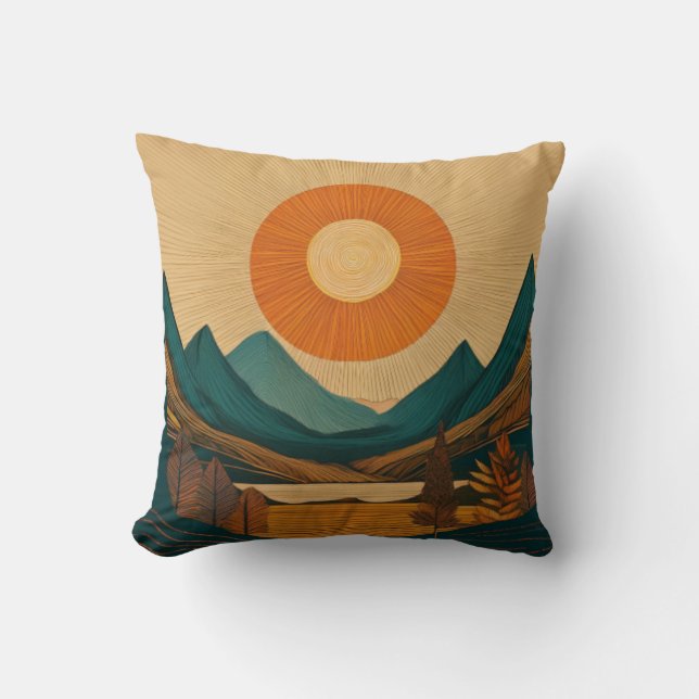 Almofada Sol radiante e montanhas geométricas Abstrato (Frente)