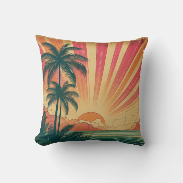 Almofada Sol retrô/vintage tropical/havaiano (Frente)