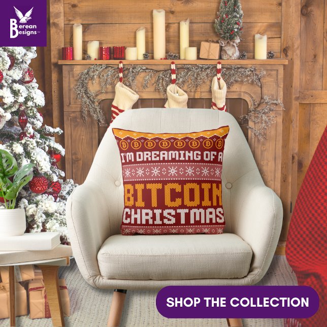 Almofada Sonhando com um Padrão de Falso Trico de NATAL BIT (Fun stylish BITCOIN CHRISTMAS pillow to add to your festive Christmas home décor. Matching gifts too)