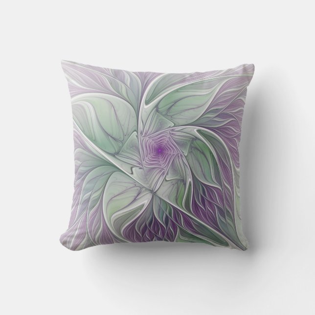 Almofada Sonho de Flor, Arte Fractal Abstrata Roxa Verde (Frente)