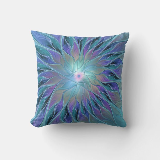 Almofada Sonho de Flor Roxa Azul Arte Fractal Abstrata (Frente)