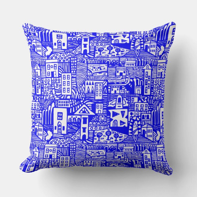 Almofada Sonho Urbano - Azul em Branco (Frente)