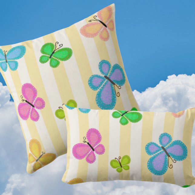 Almofada Sonhos de Borboleta Amarelo Faixa Branca (Folk art butterflies on sunny yellow white stripe)