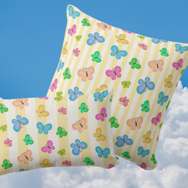 Almofada Sonhos de Borboleta Faixa Amarela e Branca (Folk art butterflies on sunny yellow stripes)