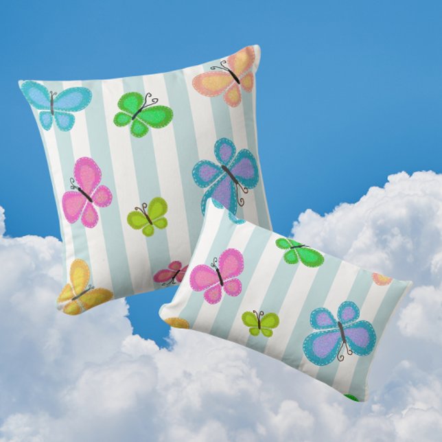 Almofada Sonhos de Borboleta Listra Azul (Charming colorful folk art butterflies!)