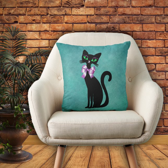 Almofada Sophisticated Black Cat green Eyes Pink Bow Aqua (Pretty sophisticated black cat in pink bow green eyes on aqua blue decorative pillow.)