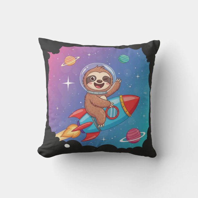 Almofada Space Sloth on Rocket – Dreamy Slow Cartoon Vector (Frente)