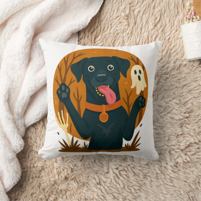 Almofada Spooky Cute Black Dog with Ghost  (Cobertor)