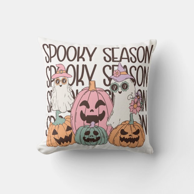 Almofada Spooky Season Cute Ghost Pumpkin Retro Halloween (Frente)