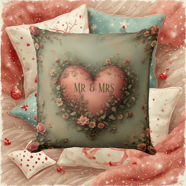 Almofada Sr e Sra Coração Romântico Jardim Botânico de Verd (Mr & Mrs Romantic Heart Botanical Greenery Garden Throw Pillow)