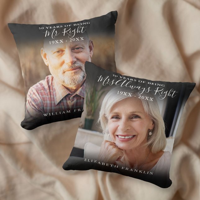 Almofada Sr. e Sra. Direita Diversão 2 Foto Aniversário (Mr And Mrs Right Fun 2 Photo Anniversary Throw Pillow)