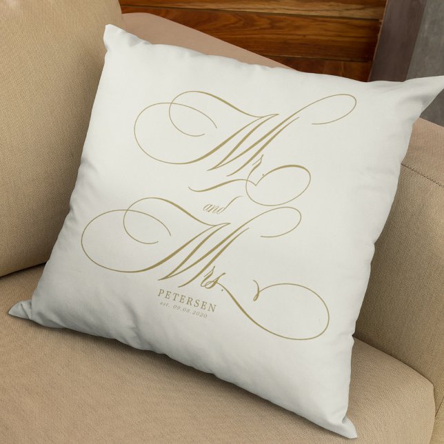 Almofada Sr e Sra ouro script casamento personalizado creme (Criador carregado)