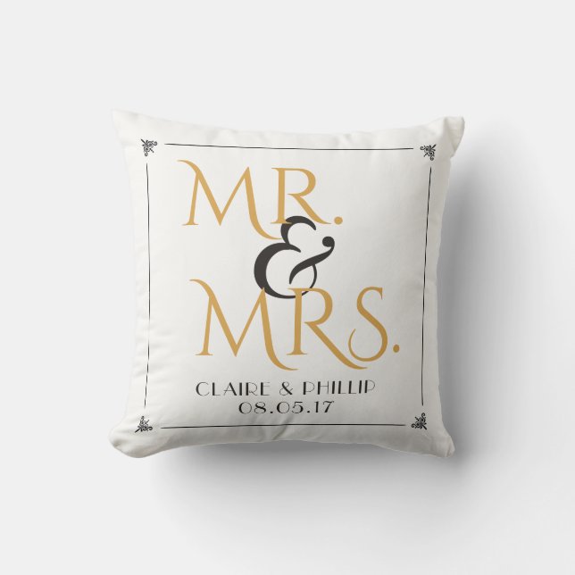 Almofada Sr. preto Dourado do branco | & Sra. Casamento (Frente)