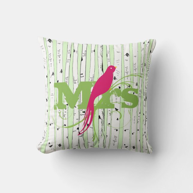 Almofada Sr. Primavera Green e Fuchsia Birch Tree Bird (Frente)