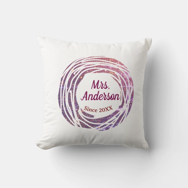 Almofada Sra nome rosa bordo malva desde ano casamento noiv (Frente)