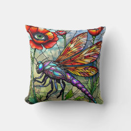 Almofada Stained Glass Dragonfly Poppies Unique Eye Art
