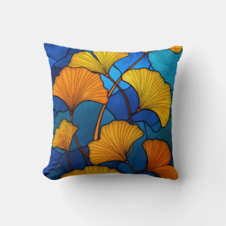 Almofada Stained glass yellow ginkgo leaves on blue