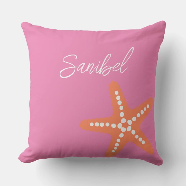 Almofada Starfish Beach Name Ocean Preppy Decor Pink Orange (Frente)