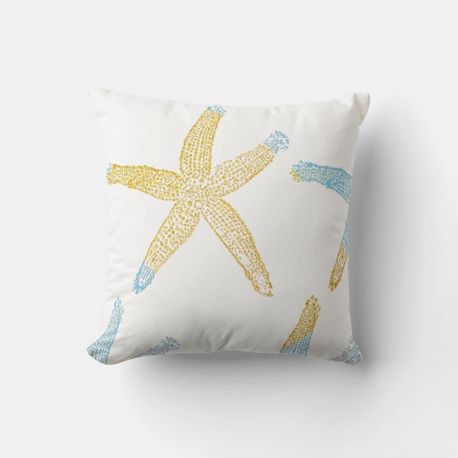 Almofada Starfish Beach Sky Blue Glittery Dourado White Cué (Frente)