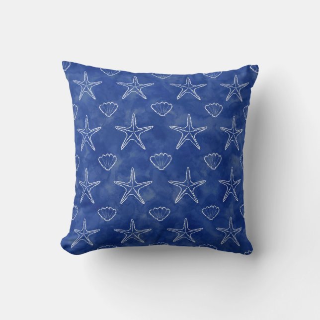 Almofada Starfish Seashell Sketch Pattern Blue Watercolor (Frente)