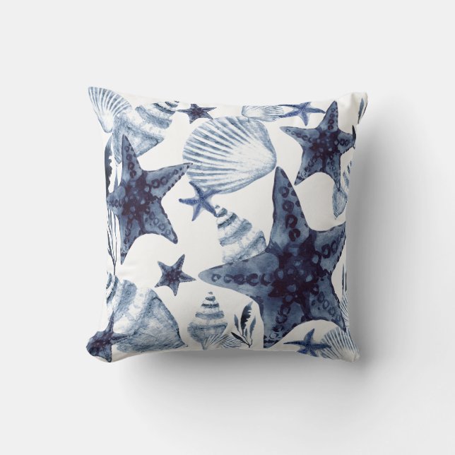Almofada Starfish Shells Navy Blue And White Beachy Pattern (Frente)