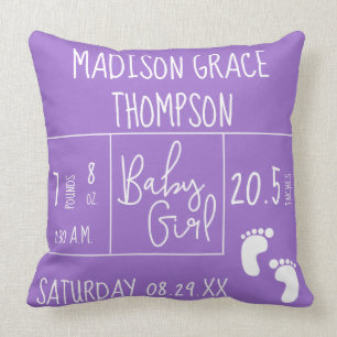 Almofada Stat de Nascimento Personalizado de Garota Roxo