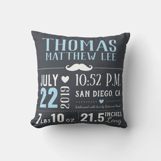 Almofada Stats novo do nascimento do bebé do Moustache (Frente)