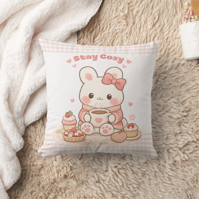 Almofada Stay Cozy Cute Bunny Pink Gingham Sweet Home  (Cobertor)