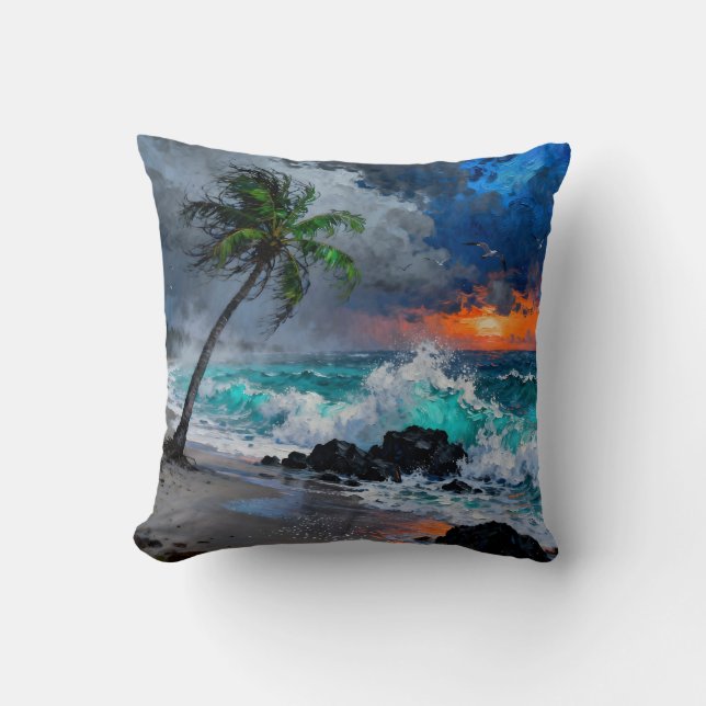 Almofada Stormy Serenity:Rain and Wind on a Beach at Sunset (Frente)