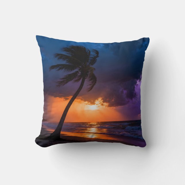 Almofada  Stormy Sunset Beach Pillow Dramatic Lone Palm (Frente)