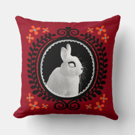Almofada Strange White Bunny: Red, Black, Teal, & Orange