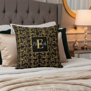 Almofada Stylish Gold and black damask swirl Monogrammed